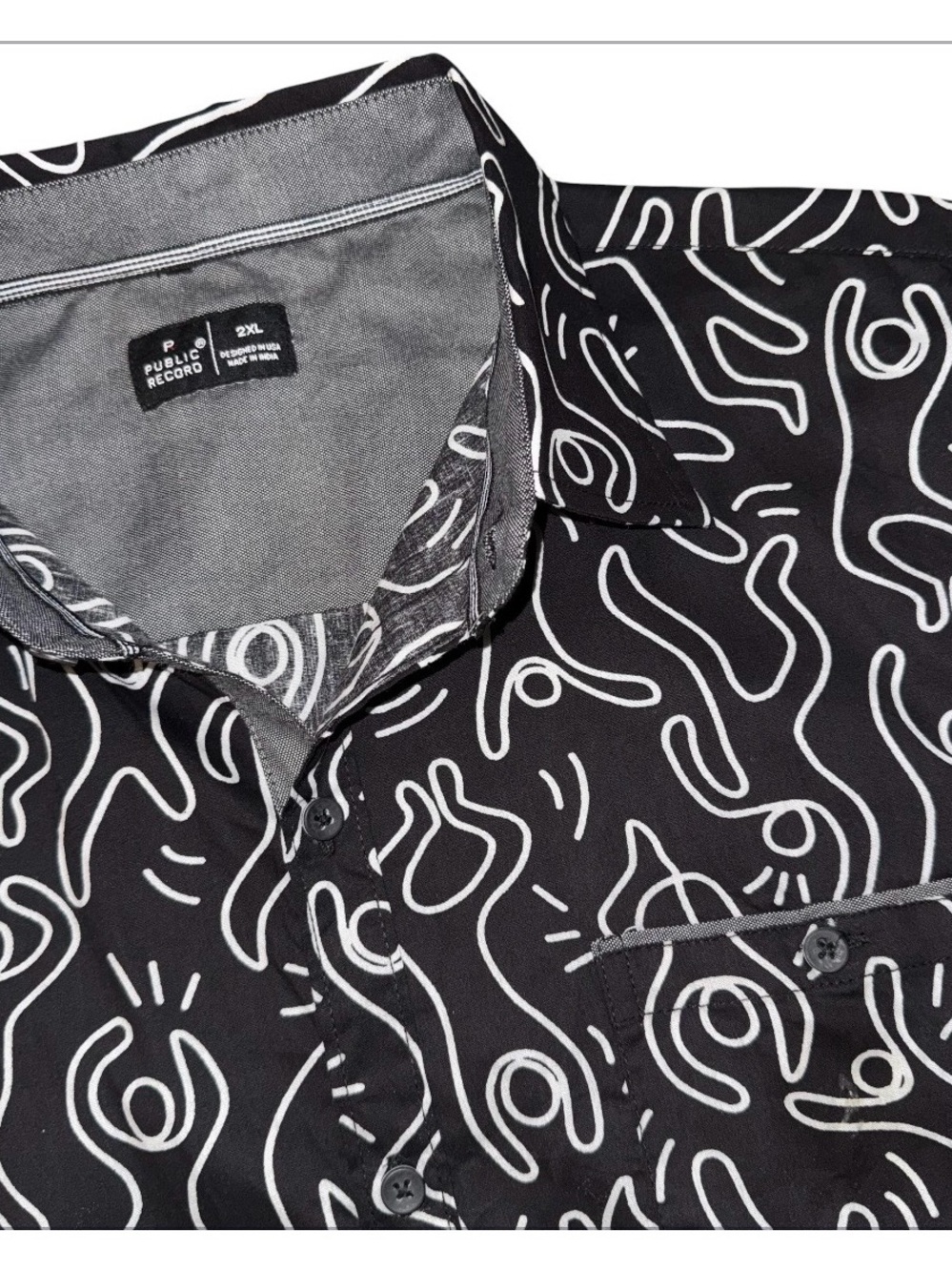 Public Record Mens 2XL Button Up Shirt Black Graphic Outline Man Novelty Art